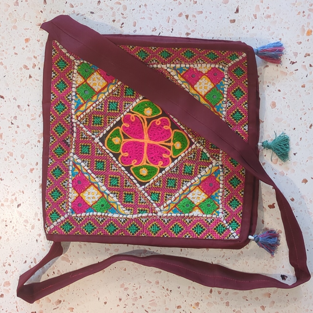 Embroidered Shoulder Tote Front Velcro Flap Top Zipper Pocket Zipper 12.5" Sq.